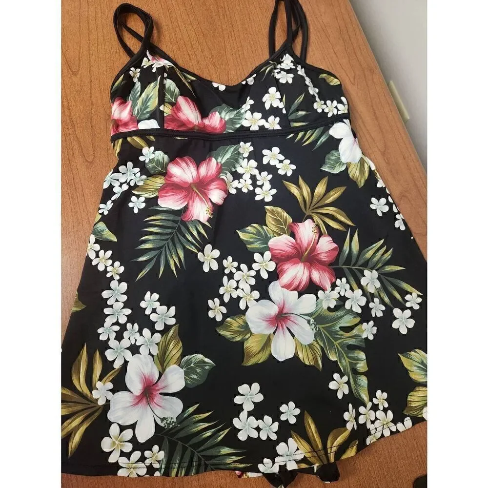 Mainstream Swimsuit Womens Sz 10  One-Piece black with tropical flowers. Built i